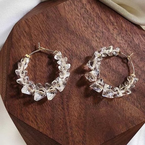 White Crystal Stone Gold Wire Hoop Earrings - Picture 7 of 8